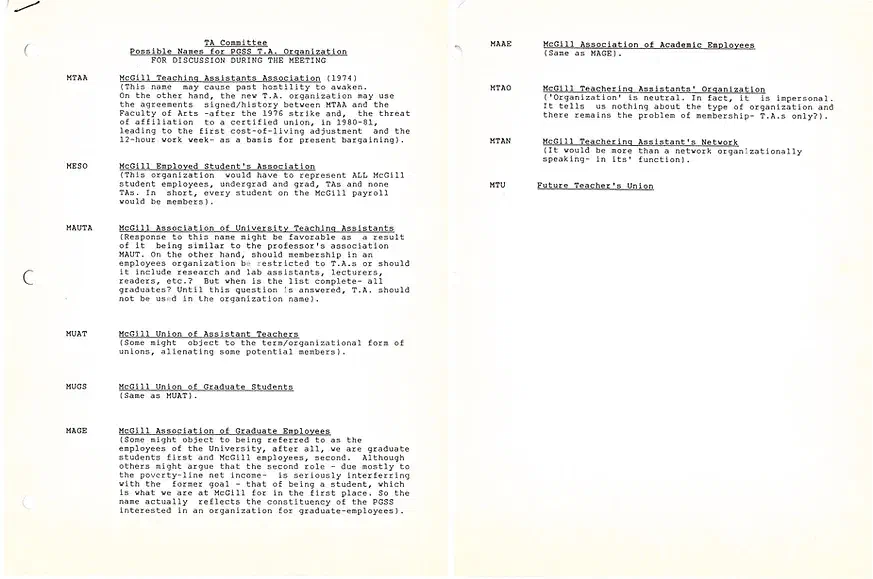 List of Potential Names for a new TA Organization (n. d.). AGSEM Archives, Vol. 5.2 &ldquo;Early MTAA Files.&rdquo;